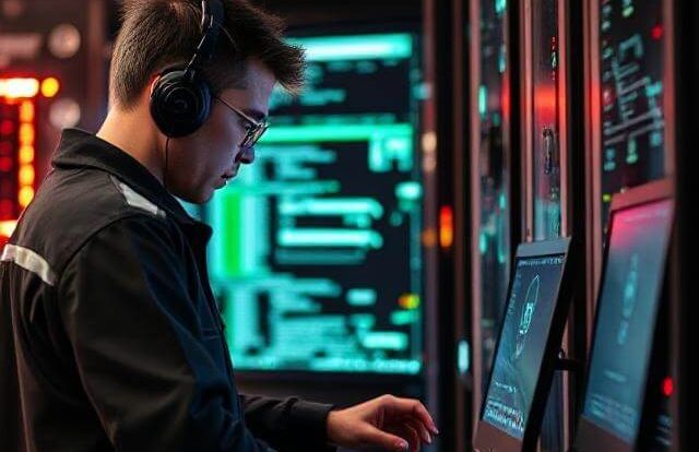 Installation & Setup Services Person working at a control station with glowing screens and headphones.
