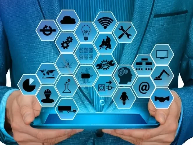Comprehensive Technical Services Person holding a digital interface displaying various technology and communication icons.