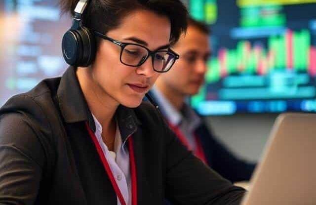 Education & Workforce Development Person with headphones working on a laptop in front of financial graphs.