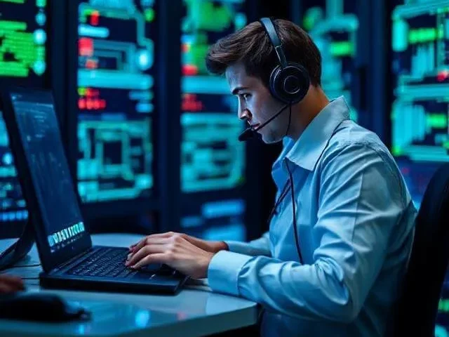 Accessible Support for All Budgets Young technician in a headset working on a laptop in a server room.