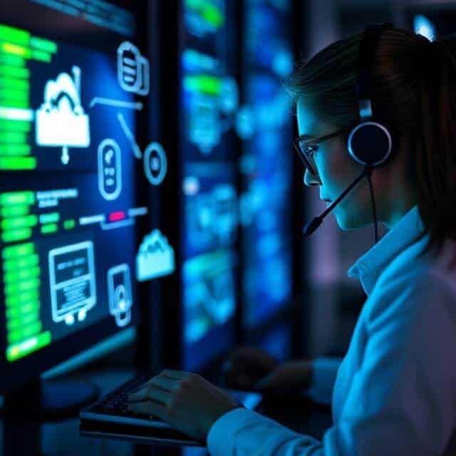 Computer Repair A person wearing a headset using a laptop in a high-tech environment with digital screens.