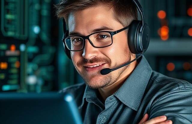 Technical Support Services Man in glasses wearing a headset, smiling while using a laptop in a tech environment.