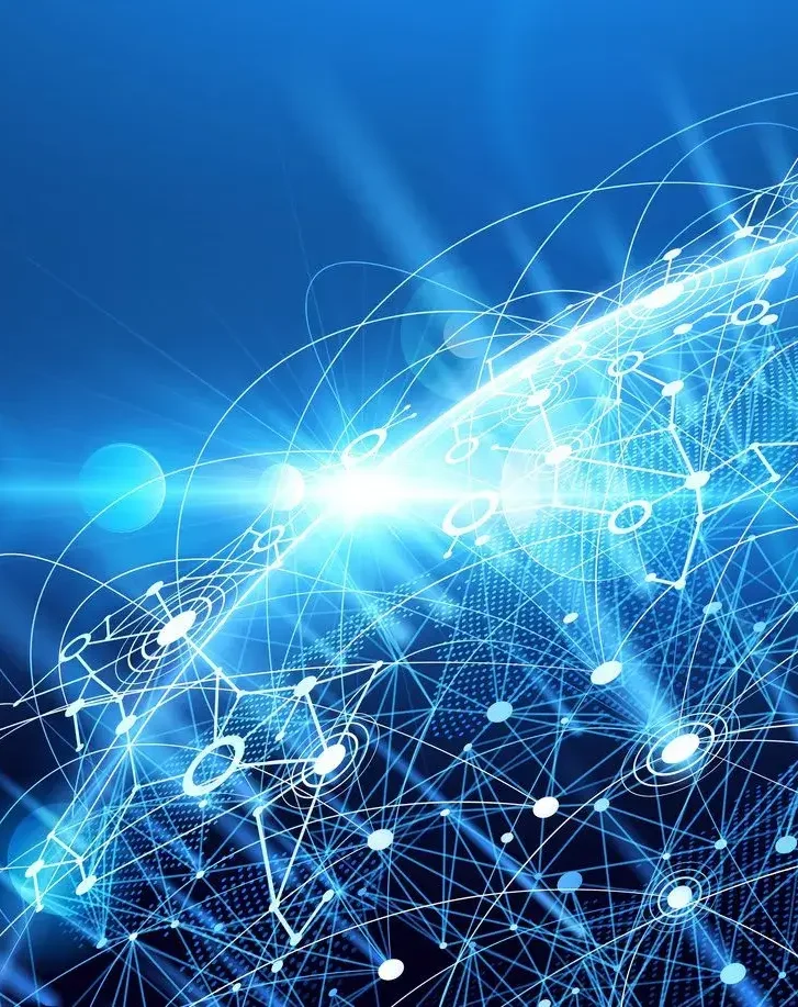 IT Services Abstract blue background with glowing network lines and circular data nodes.