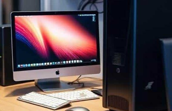 Home & Business Computer Installations A modern desktop computer setup with an iMac and a plant on the desk.
